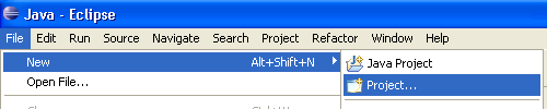 Screenshot of where to find "New -> Project" in Eclipse