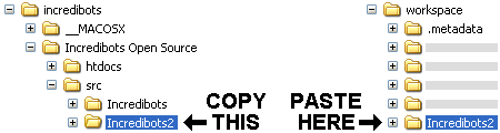 Screenshot of a file manager copying and pasting the "Incredibots2" folder