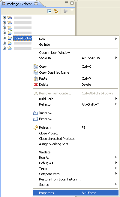 Screenshot of Eclipse's "Package Explorer" pane when project is right-clicked, showing Properties option