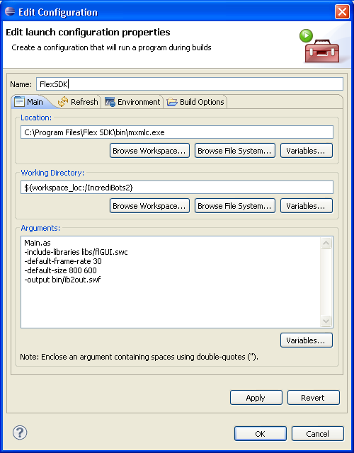 Screenshot of Eclipse's "Edit Launch Configuration Properties" dialog with arguments