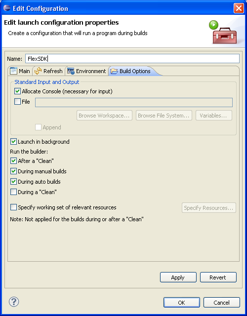 Screenshot of Eclipse's "Edit Launch Configuration Properties" dialog's "Build Options" tab