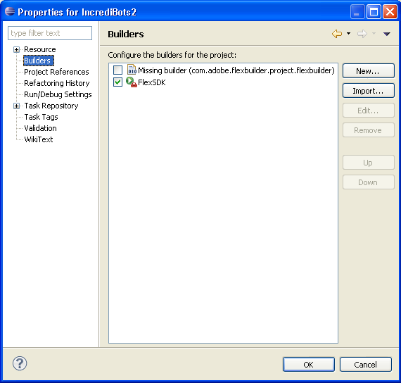 Screenshot of Eclipse's "Builders" area of the "Project Properties" dialog