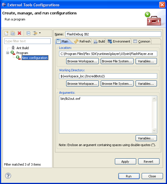 Screenshot of Eclipse's "Launch Configuration Properties" dialog with arguments