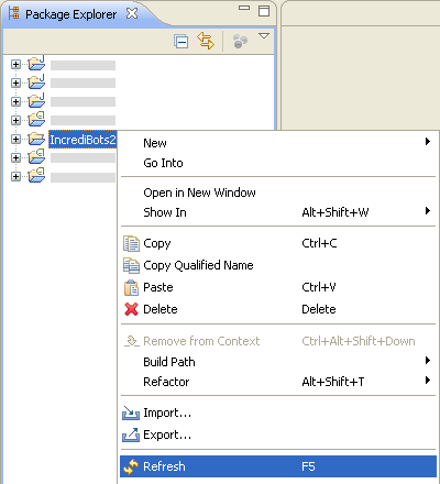 Screenshot of Eclipse's "Package Explorer" pane when project is right clicked, showing Refresh option