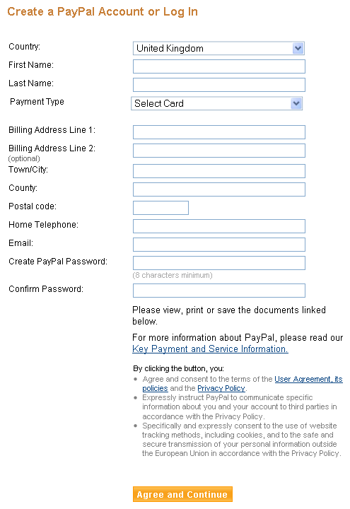 Screenshot of PayPal's "Create a PayPal Account" page