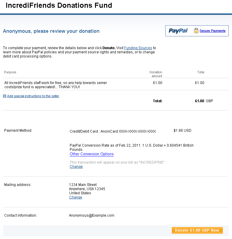 Screenshot of PayPal's "Please review your donation" page