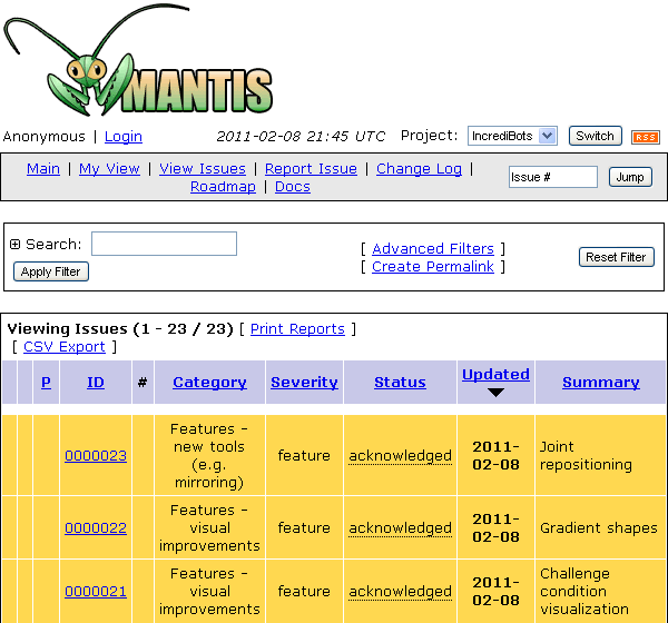 Screenshot of MantisBT feature request tracker