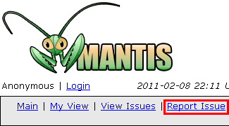 Screenshot of MantisBT's "Report Issue" link